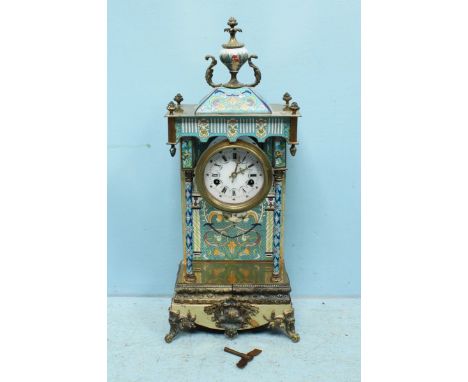 A modern brass and cloisonné enamel mantel clock, of pagoda form, with eight-day movement striking a gong, white enamel dial 