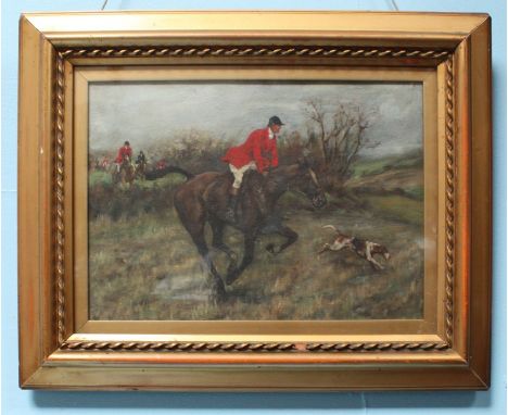T. B. Gravely - Fox hunting scene, signed and dated 1914, oil on canvas. 24 x 34cm.
