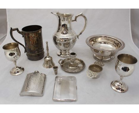 A quantity of silver-plated items including a candlestick, a jug and two wine goblets etc.