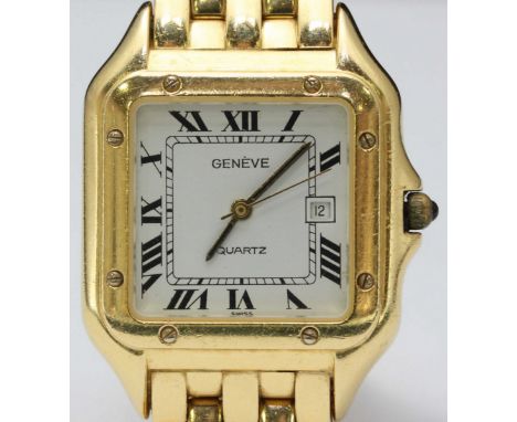 A ladies 18ct gold Cartier Panthere 'style' wristwatch with white enamel dial and Roman numerals, calendar aperture, variousl