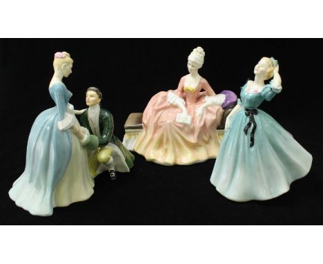 Three Royal Doulton ceramic figures including, 'Reverie HN.2306,' 'The Suitor HN.2132' and 'Celeste HN.2237'