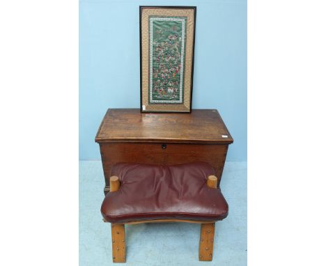 An early 20th century stained oak coffer and a folding wooden stool with burgundy leather cushion together with a Japanese fr