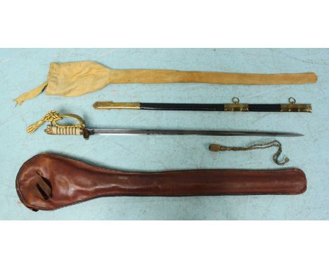 A Royal Navy Officer's dress sword, 31-inch fullered blade with etched arabesque and fouled crowned anchor decoration, solid 