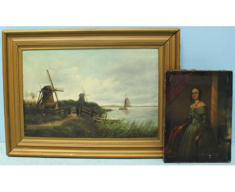 A c.1830's portrait study of a lady, unsigned, oil on canvas, together with a 20th century shore scene with windmills, signed