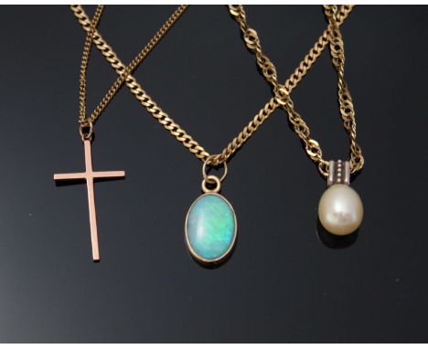 A 9ct gold necklace with oval opal doublet pendant, 6.10g, a 9ct gold necklace and crucifix pendant, 3.28g, together with a 9