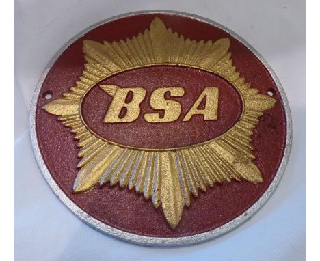 Cast iron red BSA sign, D: 26 cm. P&amp;P Group 1 (£14+VAT for the first lot and £1+VAT for subsequent lots) 