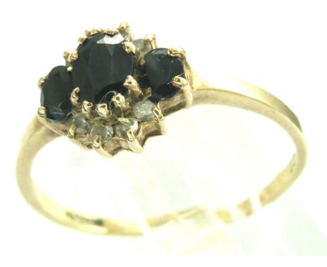 9ct gold ring set with three central sapphires and CZ, size S/T, 1.8g. P&amp;P Group 1 (£14+VAT for the first lot and £1+VAT 