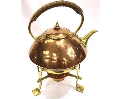 Copper and brass kettle on stand with burner in the style of Christopher Dresser, H: 27 cm. P&amp;P Group 3 (£25+VAT for the 
