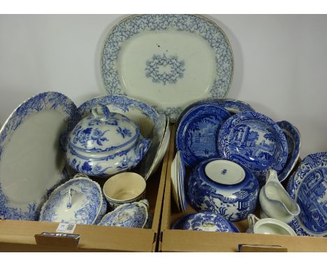 19th Century 'Blenhiem' pattern blue and white plate, Spode, large blue and white soup tureen and other 19th Century and late