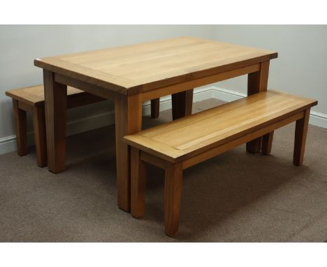 Light oak rectangular dining table (150cm x 90cm, H80cm), and two benches    Condition Report   Click here for further images