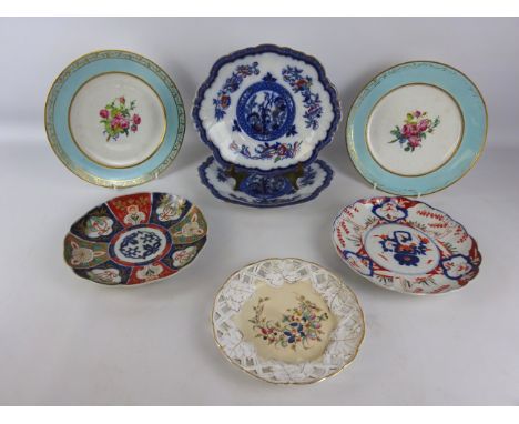 Pair Sevres plates painted with floral sprays attributed to Tandart on Hull Museum Label, pair Imari plates, pair Ironstone p