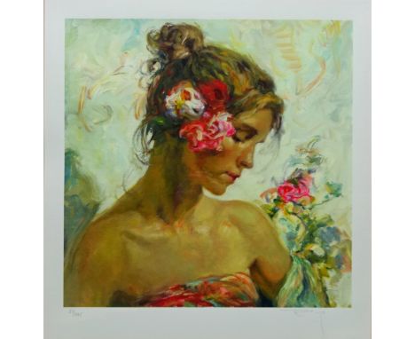 Portrait of Girl with Flower Hair Piece, limited edition serigraph no. 83/295 after Jose Mateu San Hilario Royo (1945-) signe