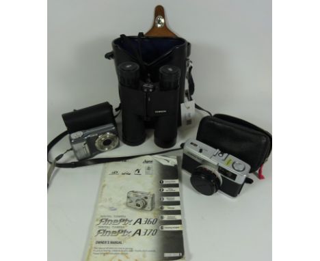 Cased pair of Chinon 10x40 binoculars, Olympus Trip 35 camera and a digital camera (3)   Condition Report   Click here for fu