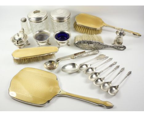 Art Deco pale gold enamel and silver three piece dressing table set Birmingham 1921, two cut glass dressing table jars with s