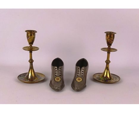 Pair of 20th century Mappin & Webb brass, white metal & enamel candlesticks H17cm and a pair of 20th century London souvenir 