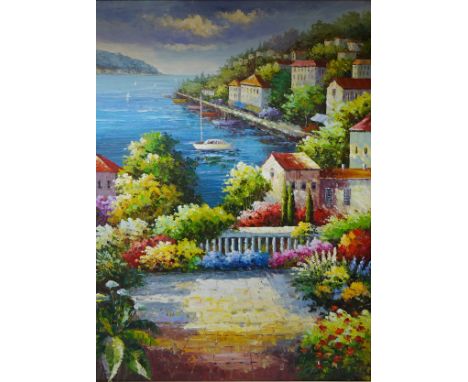 View over Mediterranean Seascape from a Balcony, acrylic on canvas 122cm x 91cm    Condition Report   Click here for further 