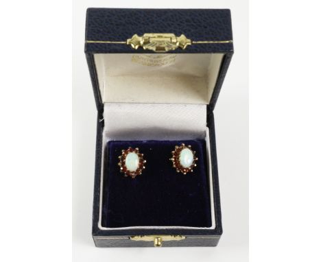 Pair opal and ruby cluster ear-rings hallmarked 9ct   Condition Report   Click here for further images, condition, auction ti