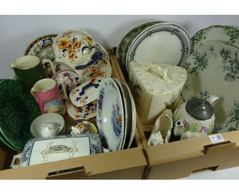 Large Victorian cheese dome, leaf moulded plates, hand painted cabinet cup and saucer and other 19th/ early 20th Century pott