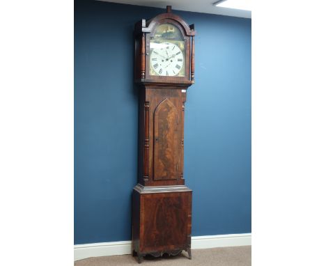 Early 19th century mahogany longcase clock, figured mahogany arched door, Durham Cathedral painted clock dial, with subsidiar