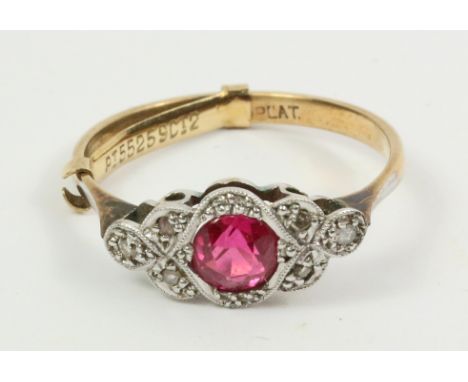 Early 20th century ruby and diamond ring stamped 9ct plat   Condition Report   Click here for further images, condition, auct