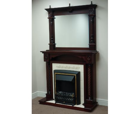 Mahogany mirror back fireplace, tiled surround, with fuel effect electric fire, W116cm, H197cm, D39cm (This item is PAT teste