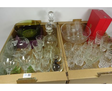 Caithness glass bowl, Royal Doulton cut glass decanter, another decanter, cut crystal drinking glass sets and other glassware