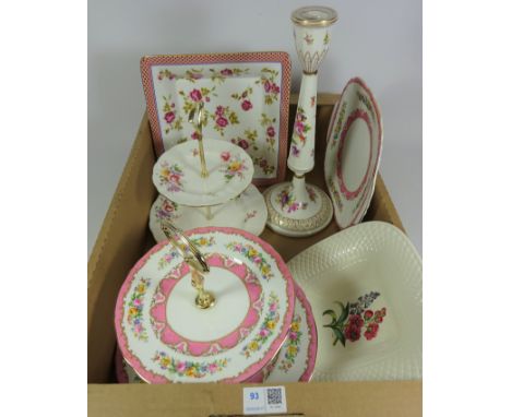 Royal Crown Derby cake stand, porcelain candlestick probably Royal Crown Derby, Crown Staffordshire cake stand and matching p