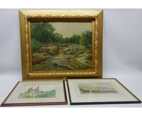 Aysgarth Falls, watercolour signed and dated Alfred Addy 1902, 41cm x 51cm.  Byland Abbey, watercolour unsigned 20cm x 24cm a