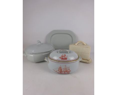 Spode 'Ship Windsor Castle' pattern oval tureen & cover, rectangular tureen cover & stand and a Victorian cheese dish (7)   C