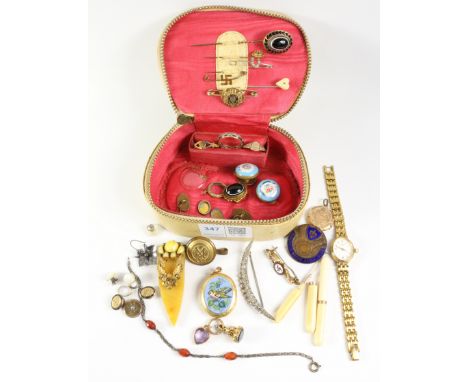 Victorian and later enamel and gilt lockets, stick pins, bar brooches bloodstone and amethyst fob seal, toothpicks, medals et