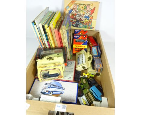 Corgi Bus, collection of Diecast models and 1970's & 1980's annuals and vintage games in one box   Condition Report   Click h
