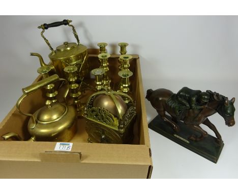 Brass lantern clock, Victorian brass gypsy kettle, brass candle sticks, Jockey on horse sculpture and a brass kettle in one b