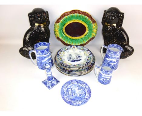 Victorian Majolica 'Eat Thy Bread With Thankfulness' Bread Tray, set of three Cauldon blue & white jugs, pair of Staffordshir