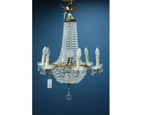 Six branch gilt metal and cut glass basket chandelier with prismatic drops    Condition Report   Click here for further image