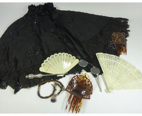 Clothing & Accessories - Edwardian beaded cape, button hook with Hallmarked silver handle, bone fan and one other, four hair 