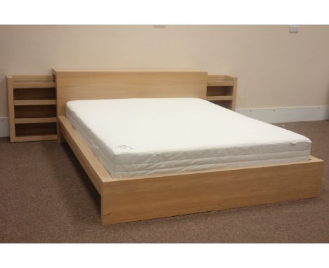 Light oak finish Ikea kingsize bed with mattress, and headboard with sliding four tier shelves either side, W177cm (overall)