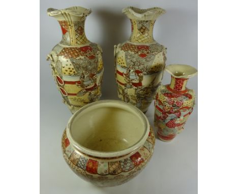 Pair of early 20th Century Satsuma vases, another matching vase and planter (4)