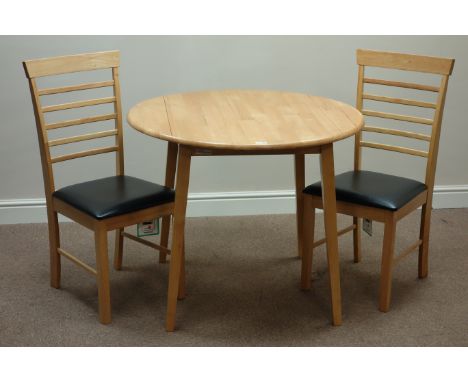Light wood drop leaf table (D92cm (open)), and two chairs   Condition Report   Click here for further images, condition, auct
