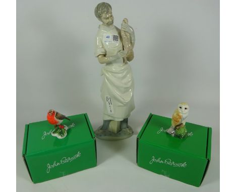 Two John Beswick birds, Robin and Barn Owl (boxed) and a Lladro model of a male midwife (3)   Condition Report   Click here f
