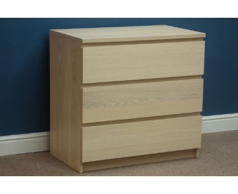Light oak finish three drawer chest, W80cm, H78cm, D49cm