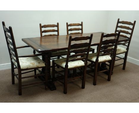 Rectangular medium oak rectangular refectory dining table (190cm x 82cm, H75cm), and set six farmhouse ladder back chairs   C