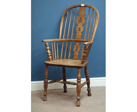 19th century elm and ash Windsor armchair, double hoop, stick and fret work splat back, 'H' shaped stretcher base   Condition