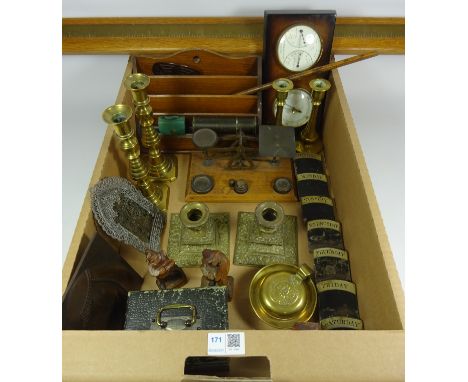 Postage scales, brass candle sticks, labelled letter rack, brass and wood ruler and miscellanea in one box    Condition Repor