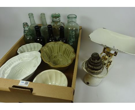 Victorian/ early 20th Century Armadillo jelly mould and three others, Russell's Brewery bottles, Malton and other Vintage gla