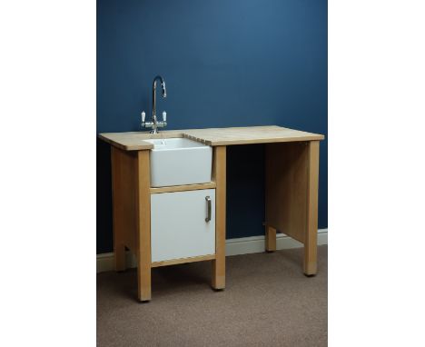 Ikea Varde beech and white finish kitchen sink unit with Belfast enamel sink and Monobloc stainless steel swan neck tap set, 