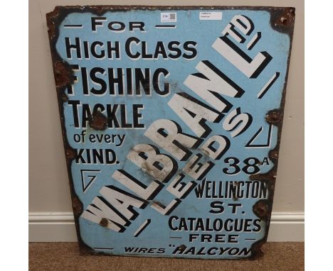 Walbran Ltd, Leeds enamel advertising sign 'For High Class Fishing Tackle of Every Kind' H76cm    Condition Report   Click he