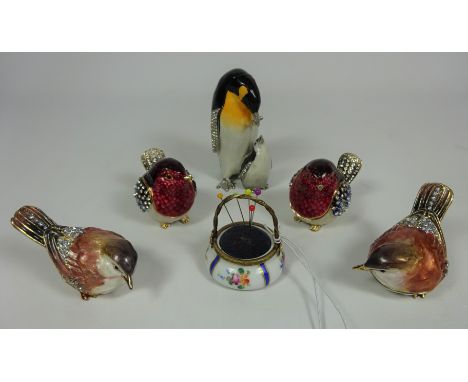 Two pairs of enamel bird ring boxes, penguin enamel ring box and a limoges pin cushion (6)   Condition Report   Click here fo