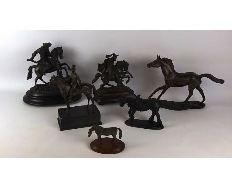 Spelter model of a Huntsman, H27cm, model of a Roman Horseman, Coal model of a Shire, bronzed model of a Thoroughbred, & a mo