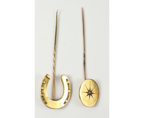 Diamond set stick pin tested to 14/15ct and a horseshoe stick pin tested to 9ct approx. 8.1gm gross   Condition Report   Clic