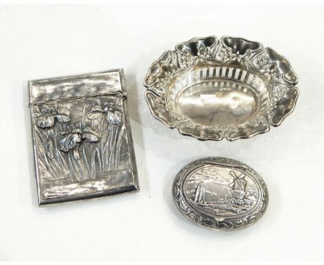 Art Nouveau pierced oval dish (stamped silver), white metal visiting card case decorated irises in high relief and white meta